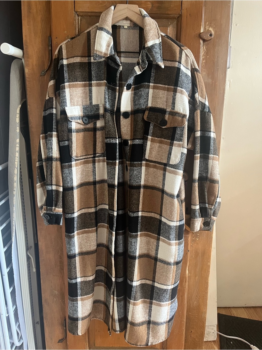 Long Plaid Shacket in Brown, Black & Cream